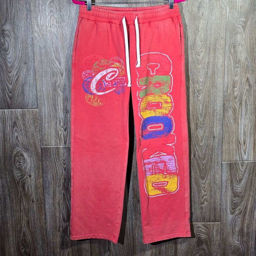 Crooked Streetwear‎ Graphic Sweatpants Medium Red Coral Passport Stamps Logo
